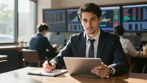 Restaurant Manager Reviewing Quarterly Reports In A Financial Trading Floor