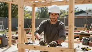 Roofer Building Wooden Structure At An Outdoor Construction Site In Professional