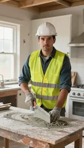 Roofer Mixing Concrete Construction A Home Kitchen Being Remodeled