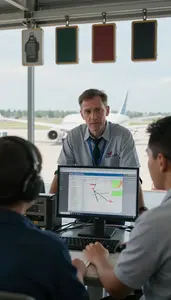 Route Planner Reviewing Flight Plans An Aircraft Maintenance Hangar