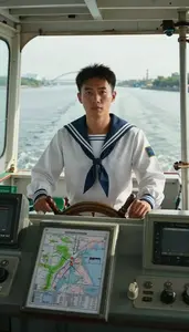 Sailor Steering Ferry Across In A Ship Bridge Navigation Area In Professional