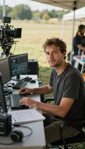 Screenwriter Managing Theater Production In A Film Editing Post Production Suite