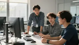 Scrum Master Collaborating Team Members In A Quantum Computing Laboratory