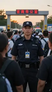Security Guard Managing Crowd Control A Border Crossing Checkpoint