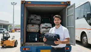 Shipping Coordinator Loading Luggage Onto At A Shipping Container Loading Area