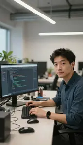 Site Reliability Engineer Reviewing Code Computer Software Startup Office