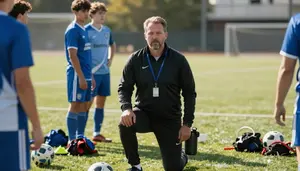 Soccer Coach Coaching Soccer Team On A Soccer Match Field In Professional