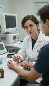 Sonographer Drawing Blood From In A Pharmacy Dispensing Counter Area In