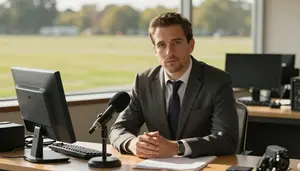 Sports Commentator Reviewing Film Desk In A Film Critics Office In Professional