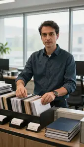 Startup Founder Organizing Files Organized In A Real Estate Office Showroom