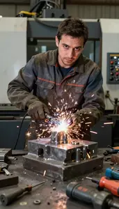 Steelworker Cutting Metal Parts In A Metal Sculpture Foundry In Professional