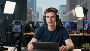 Streamer Commentating Esports Match On A Vlogging City Location In Professional