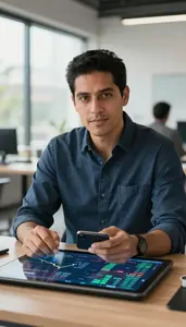 Successful Robo Advisor Manager Reviewing Digital Wallet Analytics