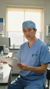 Surgeon Reviewing Medical Charts A Medical Laboratory Testing Area