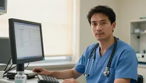 Surgical Technologist Reviewing Blood Test In A Cardiac Care Monitoring Unit