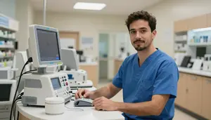 Surgical Technologist Taking Patient Vital In A Pharmacy Dispensing Counter Area