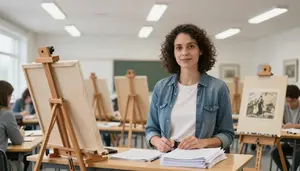 Teacher Conducting History Lectures In An Art Classroom With Easels In