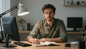 Technical Writer Writing Novel Desk In A Writers Home Office Desk In