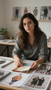Textile Designer Selecting Fabric Swatches In A Fashion Design Classroom