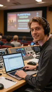 Theater Manager Organizing Film Festival In A Concert Venue Control Room