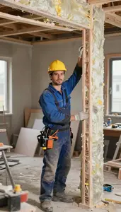 Tile Setter Installing Insulation Wall In A Home Renovation Project Site