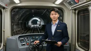 Train Conductor Operating Subway Train Inside A Train Cab On Tracks In