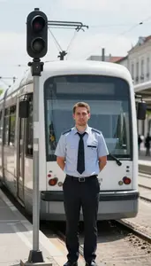 Train Conductor Operating Tram Through At A Train Station Platform In