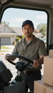 Truck Driver Delivering Packages Residential On An Emergency Response Route