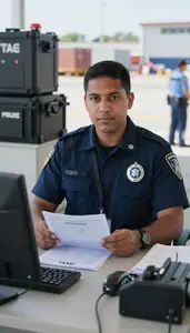 Tsa Agent Inspecting Immigration Documents At A Port Cargo Inspection Area