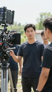 Video Editor Directing Actors Film In A Documentary Field Filming Location