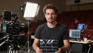 Video Editor Managing Film Production In A Theater Backstage Area In