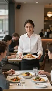 Waitress Serving Food Diners In A Restaurant Dining Room In Professional Setting