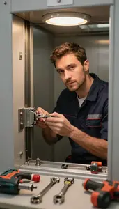 Watch Repair Technician Repairing Lock Mechanism Elevator Shaft In Professional