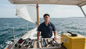 Yacht Captain Sailing Boat Using On A Ferry Deck Crossing Water In Professional