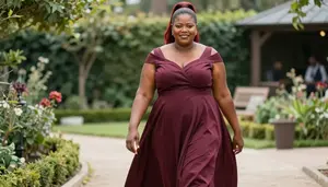 African Woman In Her 40s With Extra Fat With Red High Ponytail Wearing Burgundy