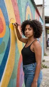 Afro Latina Woman Painting A Colorful Mural On A Community Wall