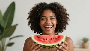 Afro Woman Laughing Joyfully While Holding A Fresh Slice Of Watermelon
