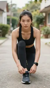 Athletic Woman Tying Shoelaces Before A Morning Run In The Neighborhood