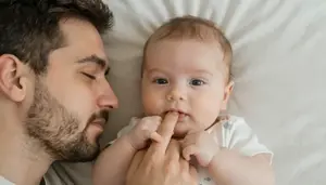 Baby Gripping His Fathers Thumb Tightly During A Peaceful Nap