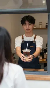 Barista Handing Over A Iced Coffee To A Customer At A Window