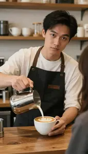 Barista Pouring Latte Art Into A Cup For A Waiting Customer