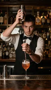 Bartender Shaking A Cocktail In A Dimly Lit Speakeasy Lounge Bar
