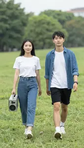 Best Friends Walking Through A Grassy Field Holding A Boom Box