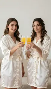 Best Friends Wearing Bridesmaid Robes And Toasting With Mimosas Before The