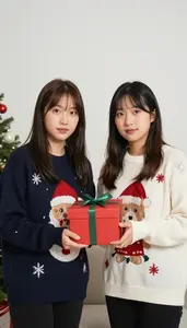 Best Friends Wearing Goofy Matching Sweaters At A Holiday Exchange