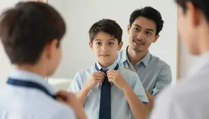 Boy Learning To Tie A Necktie With His Father In The Mirror