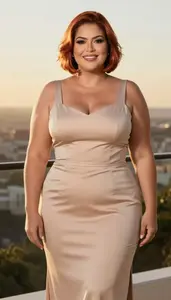 Brazilian Mature Woman With Heavy With Copper Bob Haircut Wearing Nude Midi