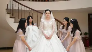Brides Helpers Adjusting Her Train On A Spiral Staircase Before Ceremony