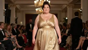British Mature Woman With Buxom Figure With Dark Brown Bun Updo Wearing Gold
