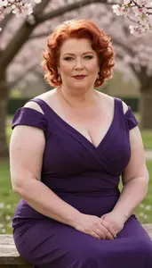 British Woman In Her 50s With Extra Fat With Red Natural Curly Hair Wearing Deep